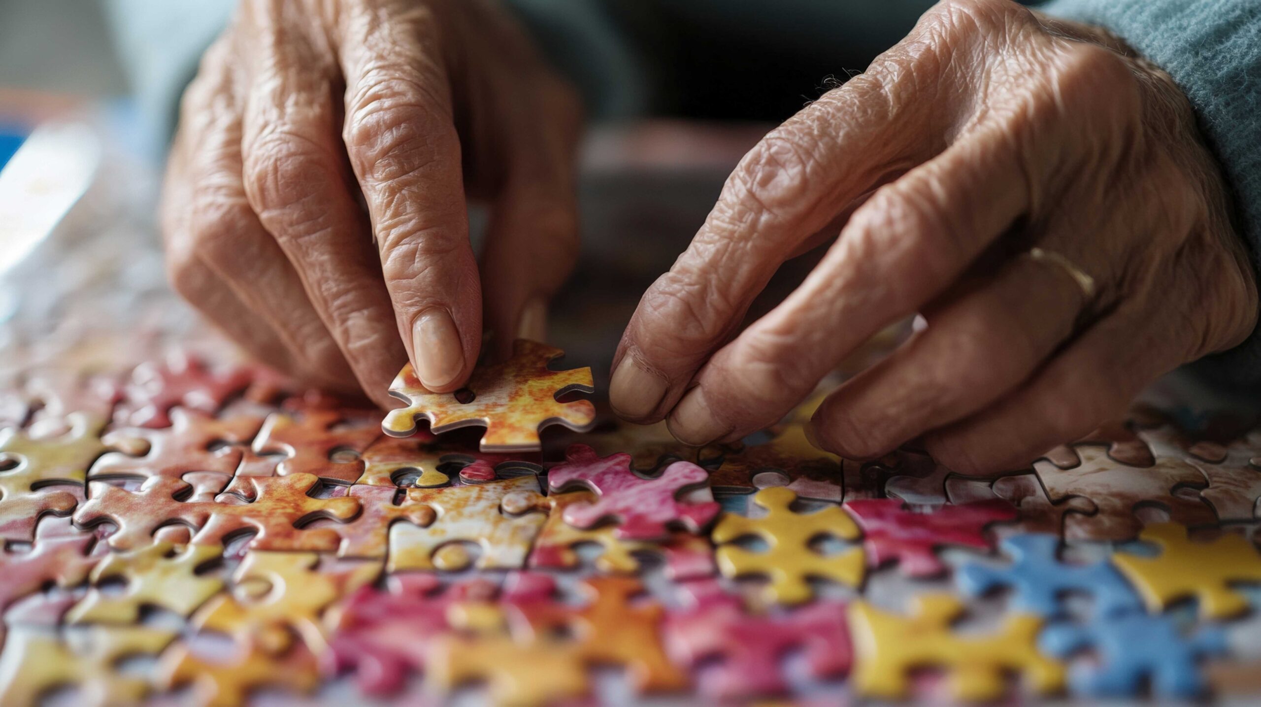 senior citizen's hands actively engaging with cognitive stimulat