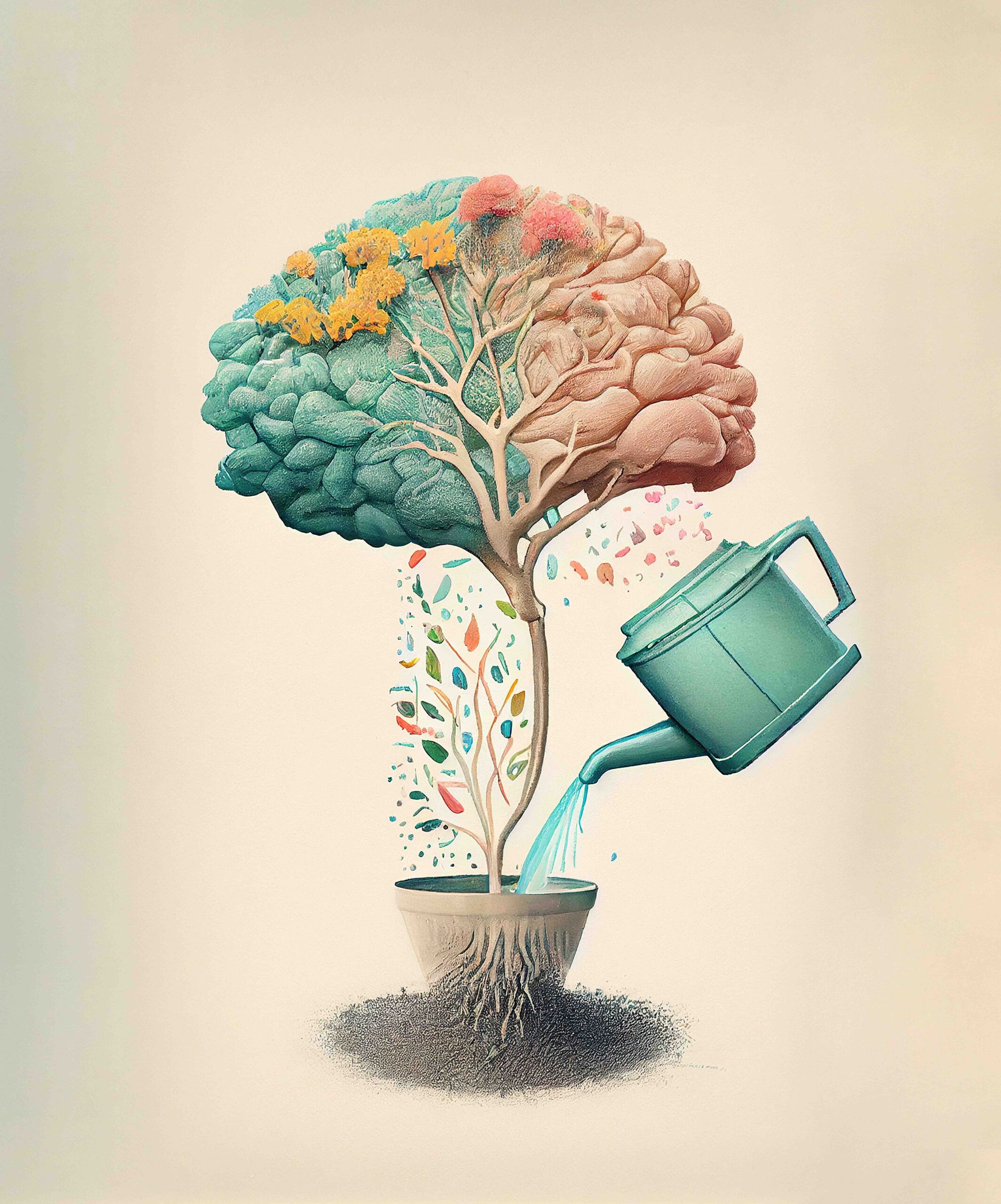human brain growing from a flower, watering can is pouring water