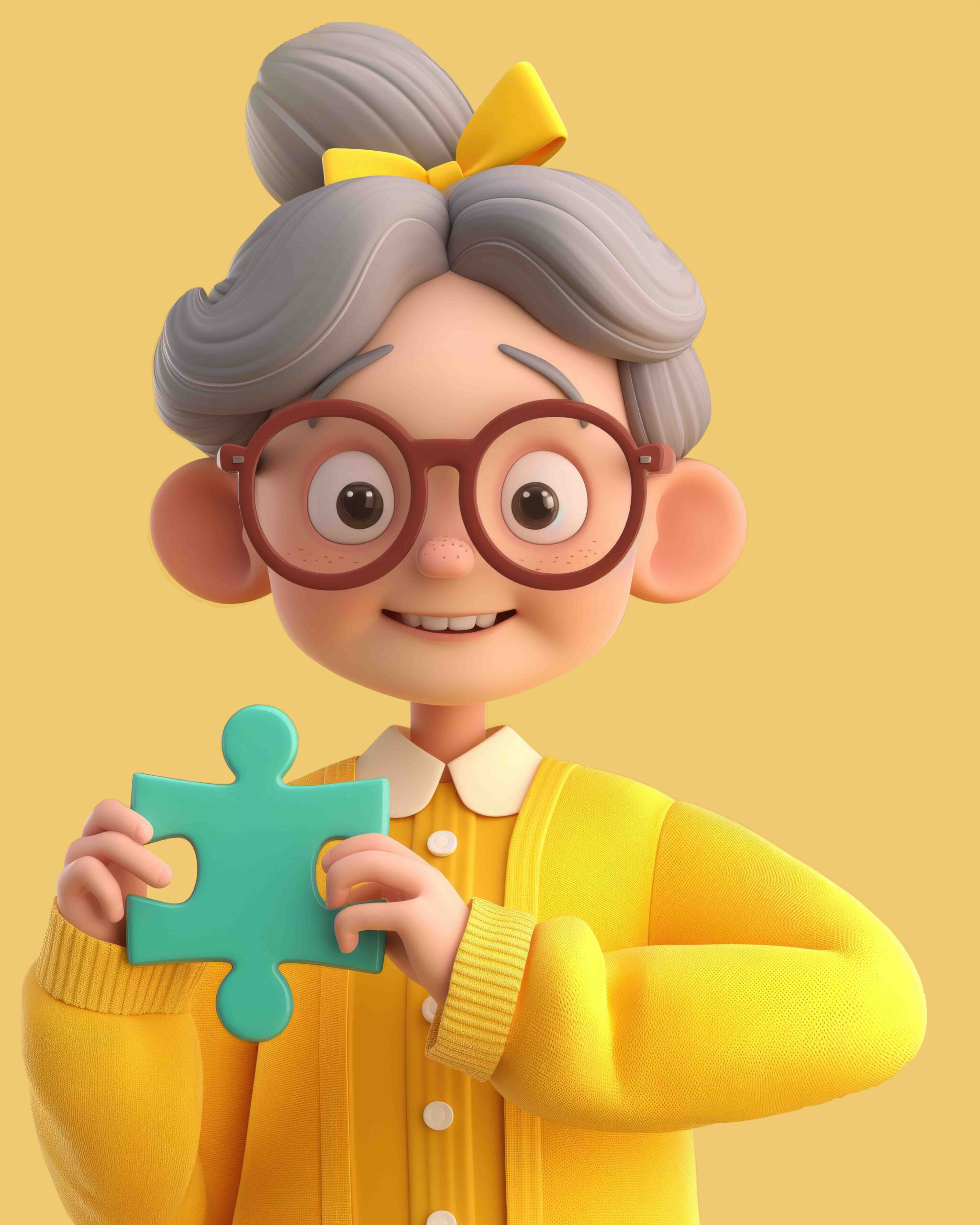 old woman with grey hairs holding a piece of puzzle on isolated